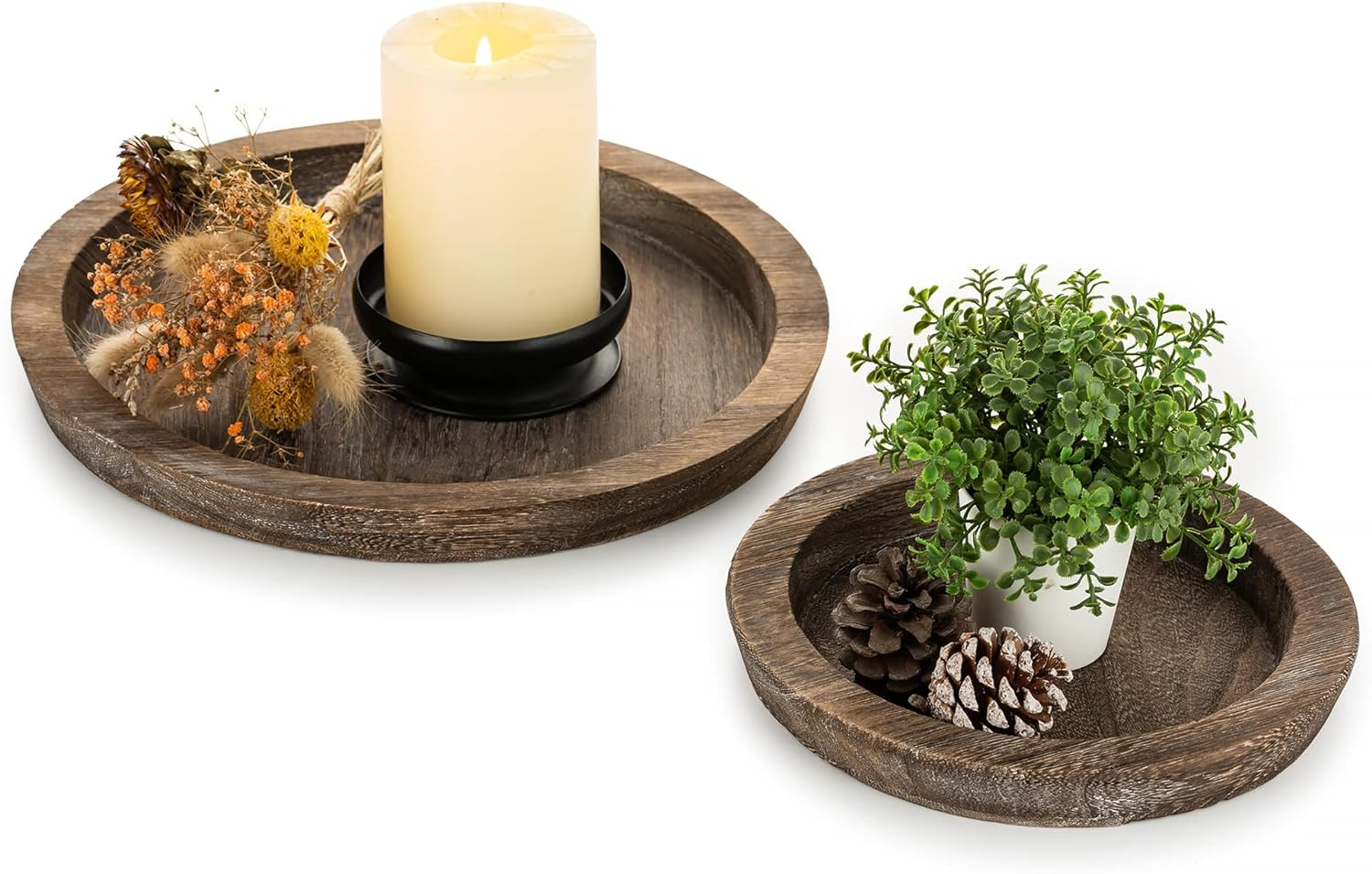 Rustic Wooden Tray Candle Holder – Small Decorative Plate Pillar Candle Tray Wood for Farmhouse Kitchen Countertop Coffee Table Organizer Home Decor Wedding Centerpiece, Size Large – Set of 2 Pakagi 4