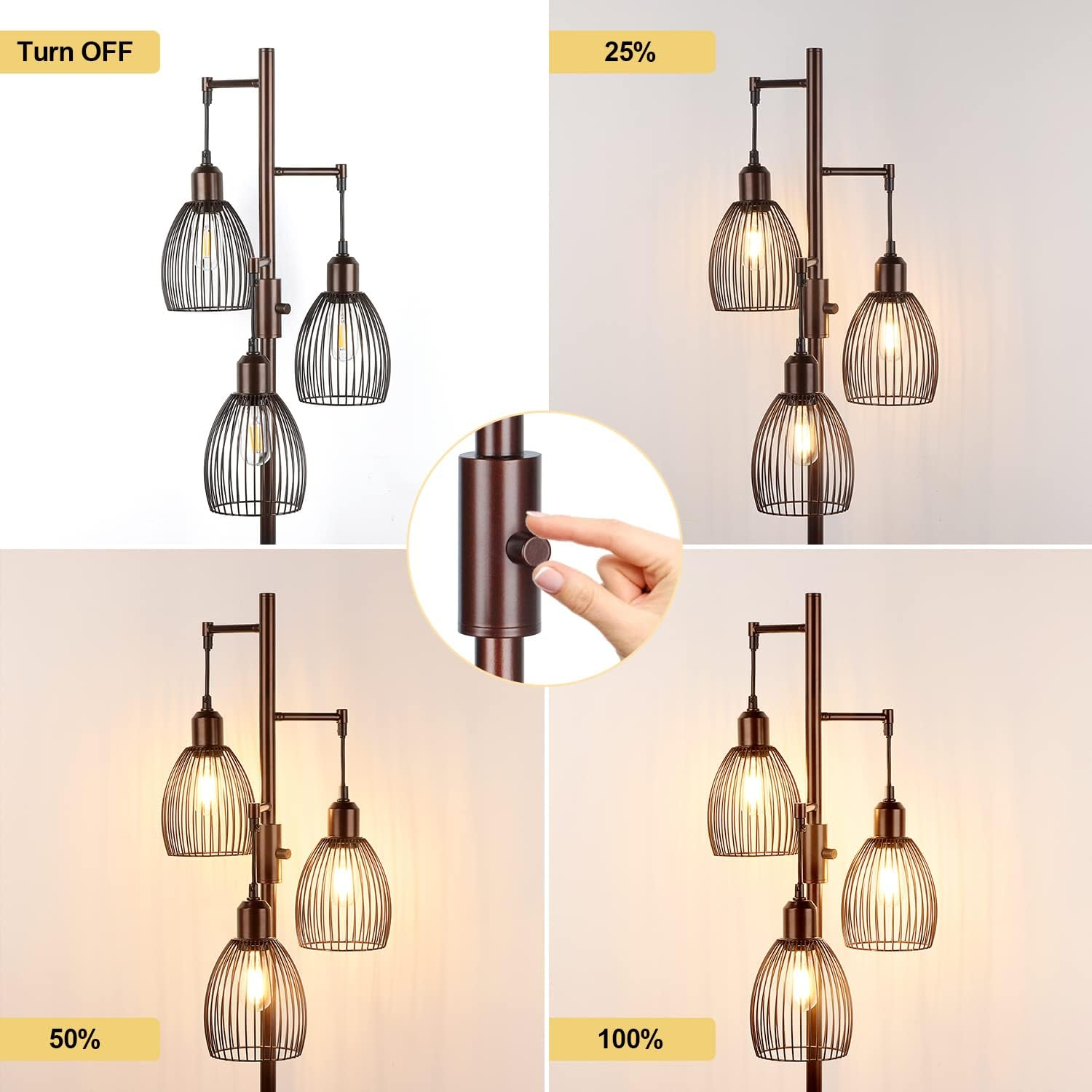 Dimmable Floor Lamp with Birdcage Lampshade – Elegant and Stable – 3 LED Bulbs Included Pakagi