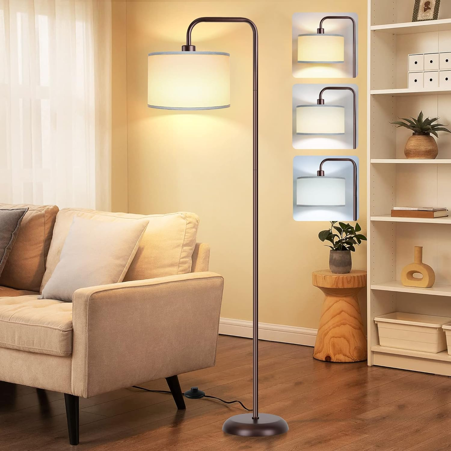 Modern Floor Lamp with 3 Color Temperature LED Bulbs, Pedal Switch and White Linen Shade Pakagi 4 Modern Floor Lamp with 3 Color Temperature LED Bulbs, Pedal Switch and White Linen Shade Pakagi 4