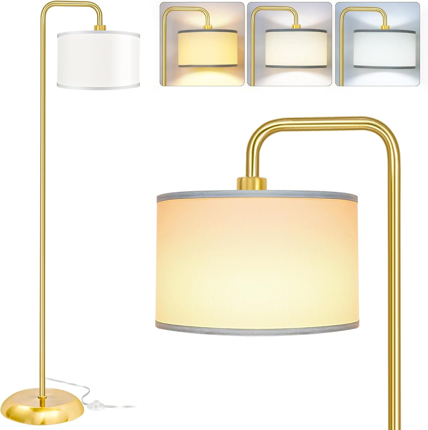 Modern Floor Lamp with 3 Color Temperature LED Bulbs, Pedal Switch and White Linen Shade Pakagi 5 Modern Floor Lamp with 3 Color Temperature LED Bulbs, Pedal Switch and White Linen Shade Pakagi 5