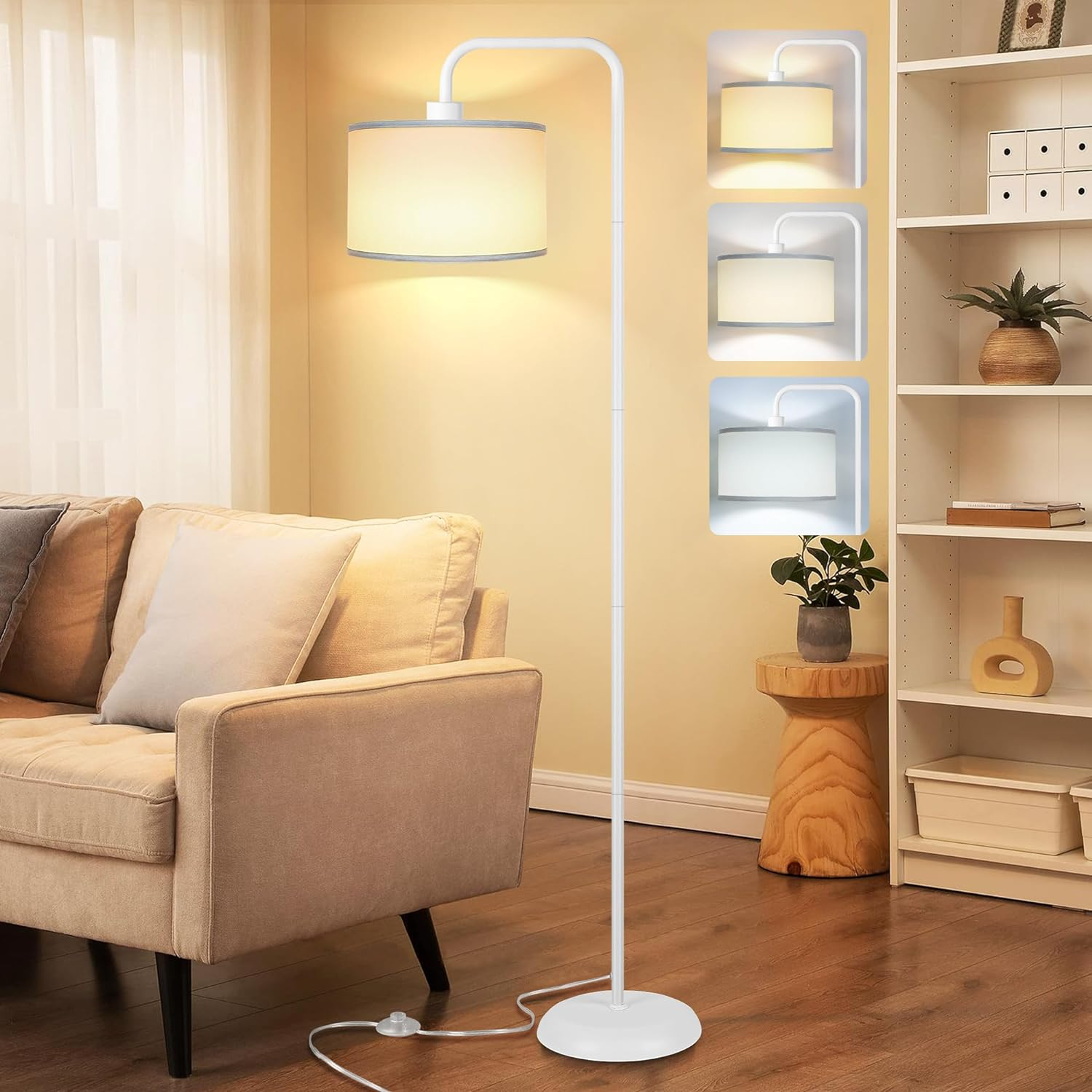 Modern Floor Lamp with 3 Color Temperature LED Bulbs, Pedal Switch and White Linen Shade Pakagi 7 Modern Floor Lamp with 3 Color Temperature LED Bulbs, Pedal Switch and White Linen Shade Pakagi 7