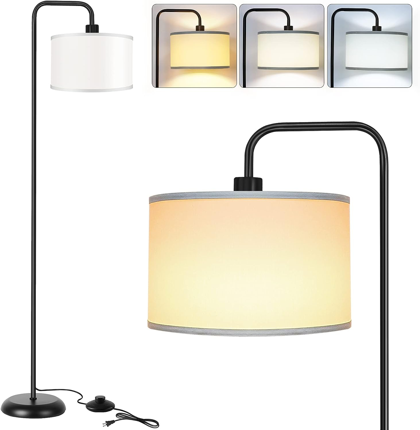 Modern Floor Lamp with 3 Color Temperature LED Bulbs, Pedal Switch and White Linen Shade Pakagi 3 Modern Floor Lamp with 3 Color Temperature LED Bulbs, Pedal Switch and White Linen Shade Pakagi 3