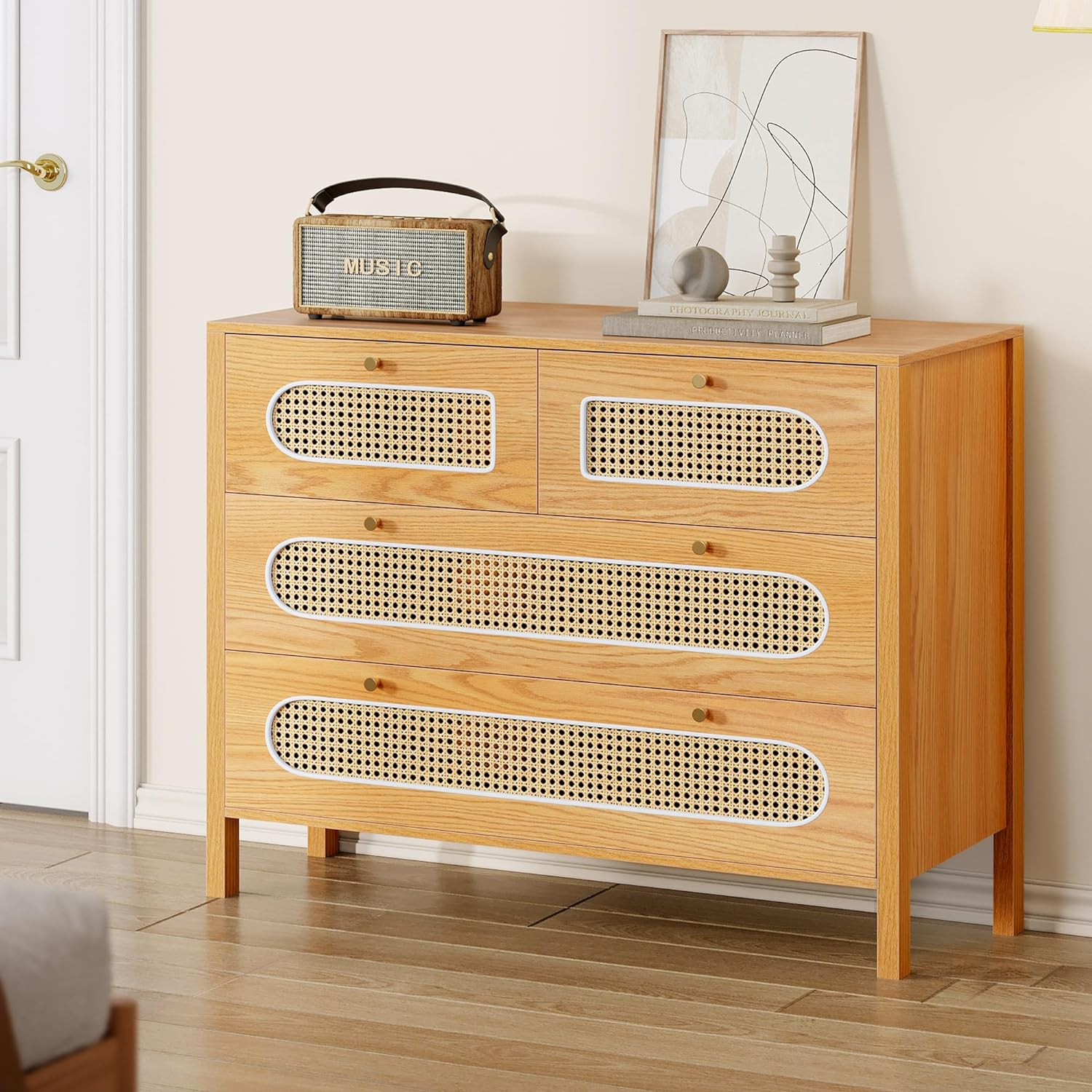 Natural Rattan 4 Drawer Dresser | Oak Rattan Dressers Chest of Drawers | Wood Storage Cabinets Corner Bedside Table for Dressering Room, Entryway, Hallway | Hold up to 200lbs | Space-Saving Furniture Solution Pakagi 4 Natural Rattan 4 Drawer Dresser | Oak Rattan Dressers Chest of Drawers | Wood Storage Cabinets Corner Bedside Table for Dressering Room, Entryway, Hallway | Hold up to 200lbs | Space-Saving Furniture Solution Pakagi 4