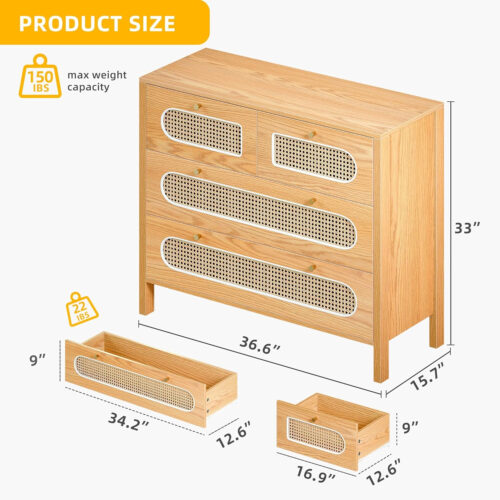 Natural Rattan 4 Drawer Dresser | Oak Rattan Dressers Chest of Drawers | Wood Storage Cabinets Corner Bedside Table for Dressering Room, Entryway, Hallway | Hold up to 200lbs | Space-Saving Furniture Solution Pakagi 28