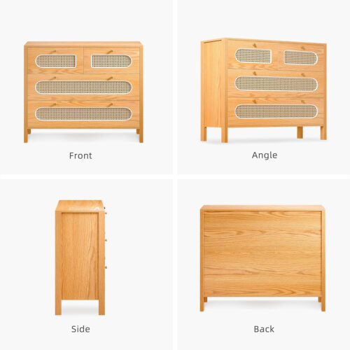 Natural Rattan 4 Drawer Dresser | Oak Rattan Dressers Chest of Drawers | Wood Storage Cabinets Corner Bedside Table for Dressering Room, Entryway, Hallway | Hold up to 200lbs | Space-Saving Furniture Solution Pakagi 31