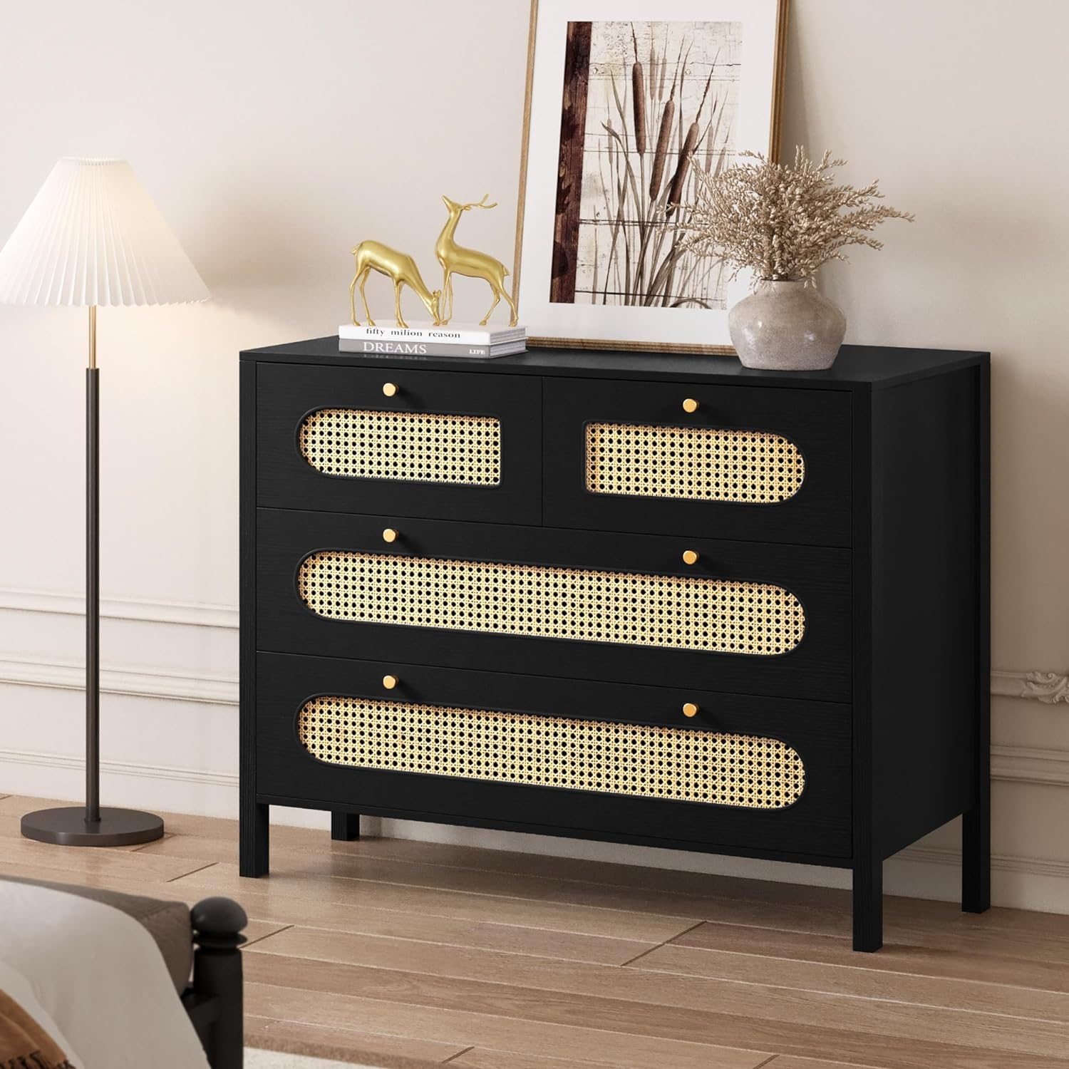 Natural Rattan 4 Drawer Dresser | Oak Rattan Dressers Chest of Drawers | Wood Storage Cabinets Corner Bedside Table for Dressering Room, Entryway, Hallway | Hold up to 200lbs | Space-Saving Furniture Solution Pakagi 3 Natural Rattan 4 Drawer Dresser | Oak Rattan Dressers Chest of Drawers | Wood Storage Cabinets Corner Bedside Table for Dressering Room, Entryway, Hallway | Hold up to 200lbs | Space-Saving Furniture Solution Pakagi 3