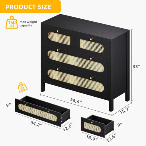 Natural Rattan 4 Drawer Dresser | Oak Rattan Dressers Chest of Drawers | Wood Storage Cabinets Corner Bedside Table for Dressering Room, Entryway, Hallway | Hold up to 200lbs | Space-Saving Furniture Solution Pakagi 35