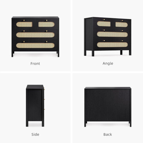 Natural Rattan 4 Drawer Dresser | Oak Rattan Dressers Chest of Drawers | Wood Storage Cabinets Corner Bedside Table for Dressering Room, Entryway, Hallway | Hold up to 200lbs | Space-Saving Furniture Solution Pakagi 38