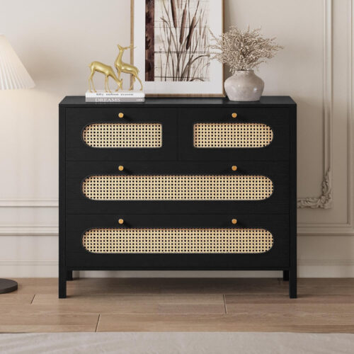 Natural Rattan 4 Drawer Dresser | Oak Rattan Dressers Chest of Drawers | Wood Storage Cabinets Corner Bedside Table for Dressering Room, Entryway, Hallway | Hold up to 200lbs | Space-Saving Furniture Solution Pakagi 39