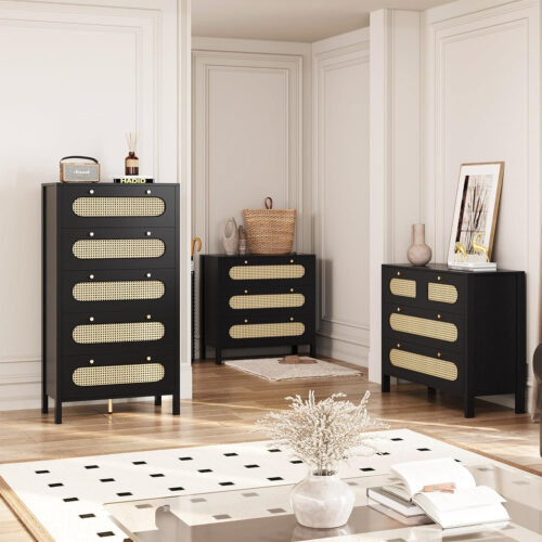 Natural Rattan 4 Drawer Dresser | Oak Rattan Dressers Chest of Drawers | Wood Storage Cabinets Corner Bedside Table for Dressering Room, Entryway, Hallway | Hold up to 200lbs | Space-Saving Furniture Solution Pakagi 40