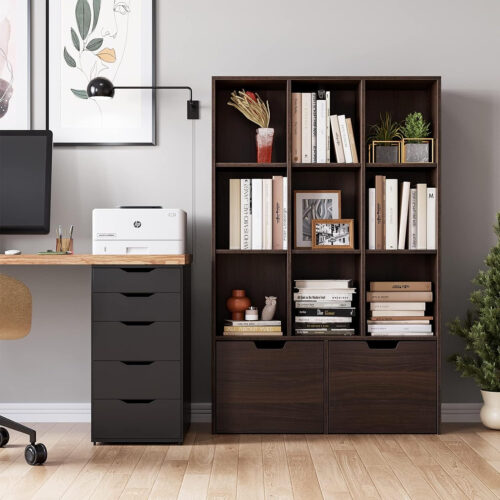 IDEALHOUSE 2024 New Brown Bookshelf, Modern Bookcase Storage Cabinet with 2 Large Drawers and 9 Cubes, Free Wooden Standing Toy Shelf, Toy Storage Organizer for Living Room, Office, Study Pakagi 26