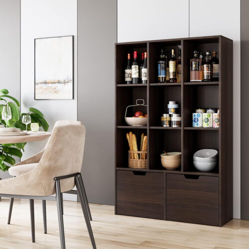 IDEALHOUSE 2024 New Brown Bookshelf, Modern Bookcase Storage Cabinet with 2 Large Drawers and 9 Cubes, Free Wooden Standing Toy Shelf, Toy Storage Organizer for Living Room, Office, Study Pakagi 28