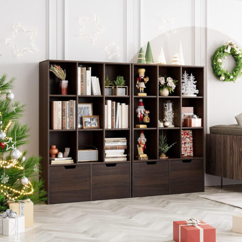 IDEALHOUSE 2024 New Brown Bookshelf, Modern Bookcase Storage Cabinet with 2 Large Drawers and 9 Cubes, Free Wooden Standing Toy Shelf, Toy Storage Organizer for Living Room, Office, Study Pakagi 29