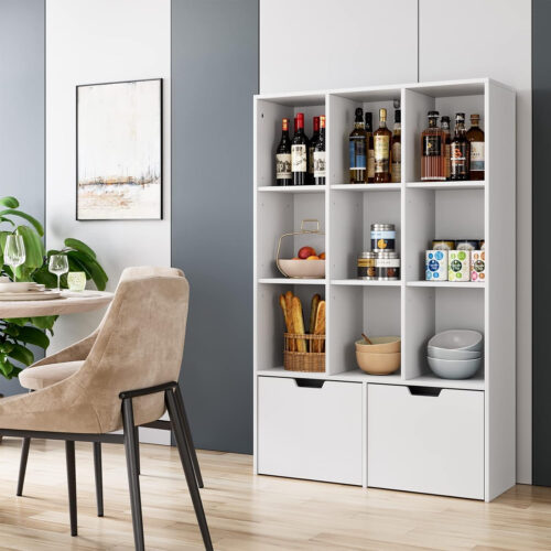 IDEALHOUSE 2024 New Brown Bookshelf, Modern Bookcase Storage Cabinet with 2 Large Drawers and 9 Cubes, Free Wooden Standing Toy Shelf, Toy Storage Organizer for Living Room, Office, Study Pakagi 37