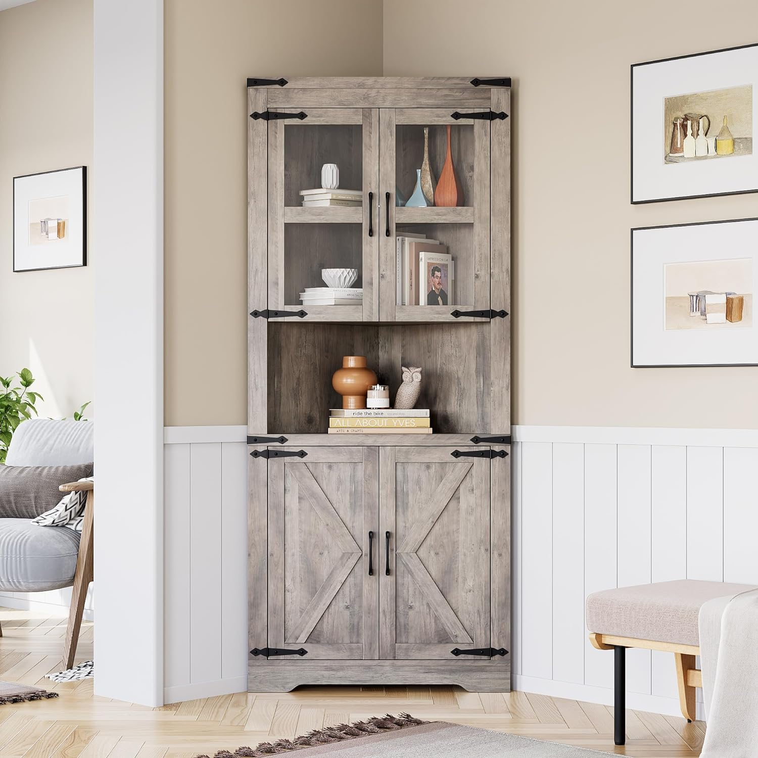 GAOMON Farmhouse Corner Cabinet | Tall Bathroom Storage with Barn Door & Adjustable Shelves | Rustic Kitchen Cabinet for Living Room | Washed Grey, Rectangular, 15″D x 26″W x 67″H Pakagi