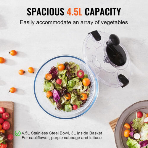 VEVOR Glass Salad Spinner 4.75Qt – Large Vegetable Dryer Washer for Greens, Herbs, Berries, Fruits – Effortless One-Handed Press with High Borosilicate Glass Bowl Lid – BPA-Free – Efficient Dehydration & Easy Cleaning Pakagi 29