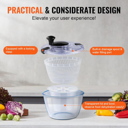 VEVOR Glass Salad Spinner 4.75Qt – Large Vegetable Dryer Washer for Greens, Herbs, Berries, Fruits – Effortless One-Handed Press with High Borosilicate Glass Bowl Lid – BPA-Free – Efficient Dehydration & Easy Cleaning Pakagi 30