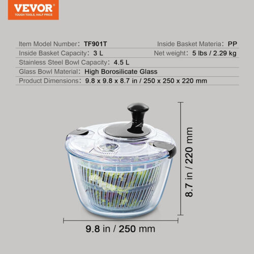 VEVOR Glass Salad Spinner 4.75Qt – Large Vegetable Dryer Washer for Greens, Herbs, Berries, Fruits – Effortless One-Handed Press with High Borosilicate Glass Bowl Lid – BPA-Free – Efficient Dehydration & Easy Cleaning Pakagi 31